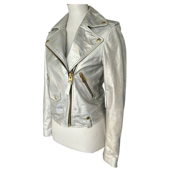 Mackage Silver Lambskin Leather Motorcycle Jacket, Womens, Size XS - Picture 5 of 10